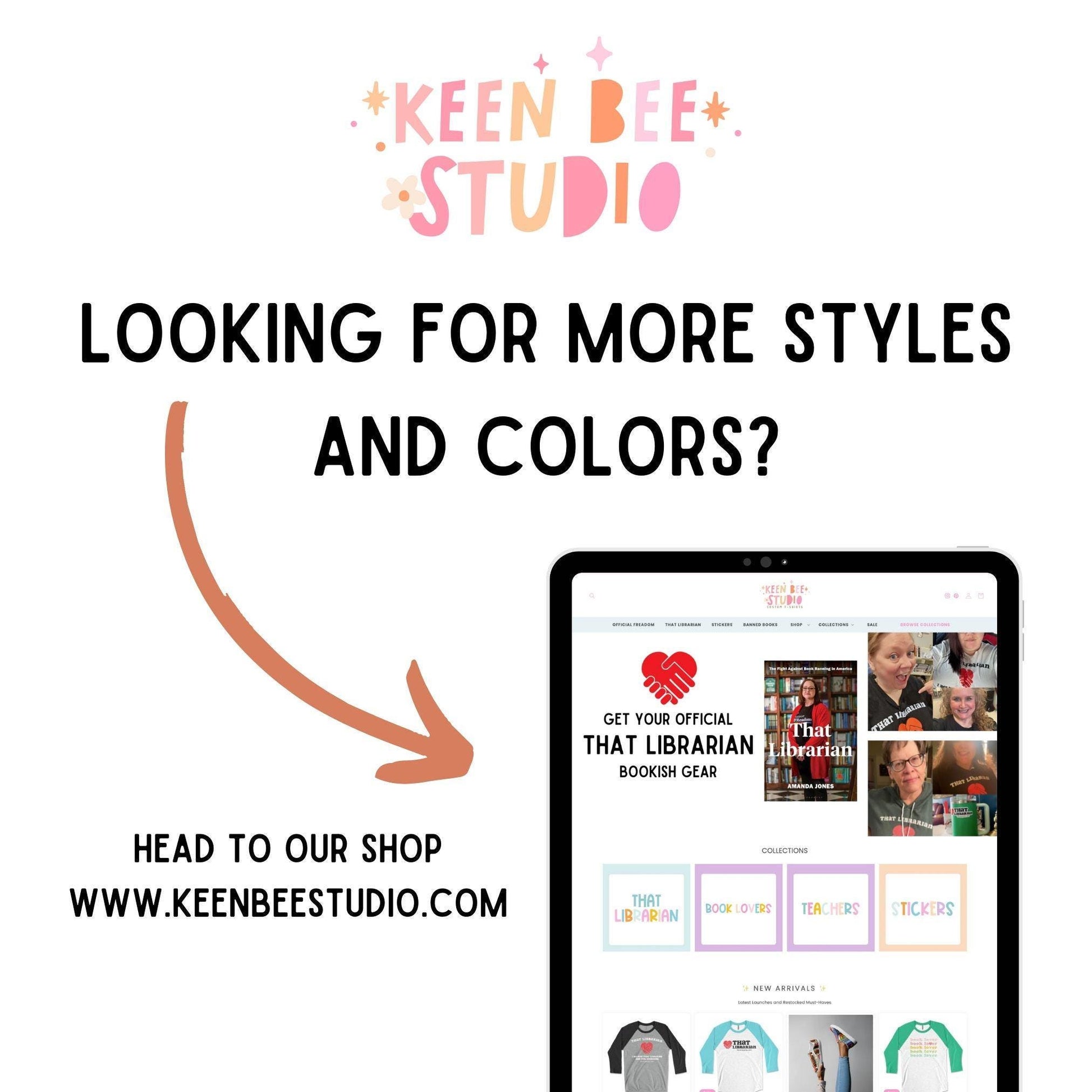 The image is an advertisement for a bookish gear store called &quot;Keen Bee Studio&quot; that offers a variety of styles and colors. It features a tablet displaying the store&#39;s website and a list of items available for purchase. The text invites viewers to &quot;Read to our shop&quot; and provides the website address &quot;www.keenbeeestudio.com&quot;.