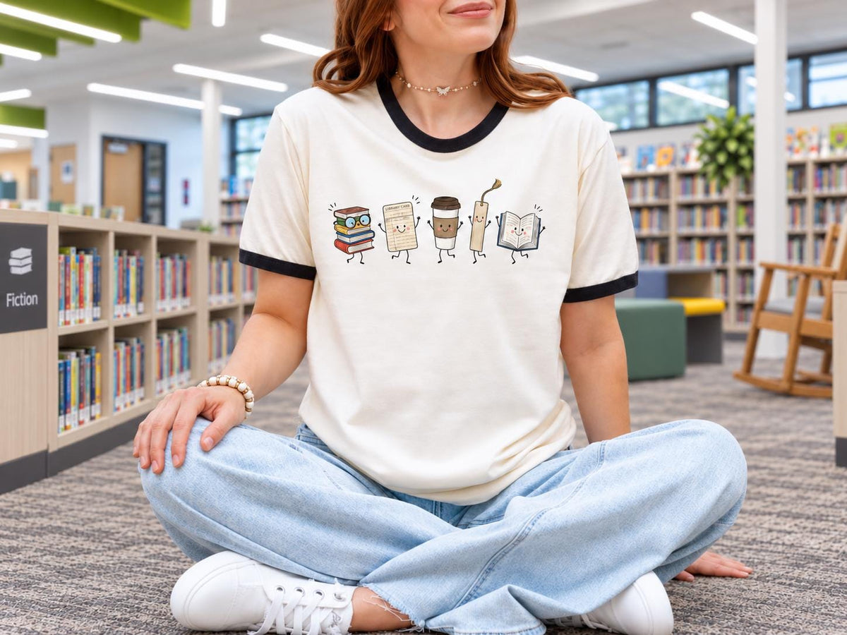 Cute Librarian Ringer T-Shirt, Library Tools Tee, Retro Book Lover Shirt, Library Card Books Coffee Bookmark Gift