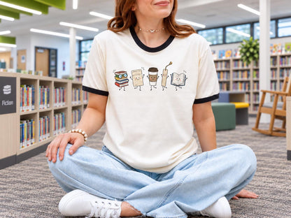 Cute Librarian Ringer T-Shirt, Library Tools Tee, Retro Book Lover Shirt, Library Card Books Coffee Bookmark Gift