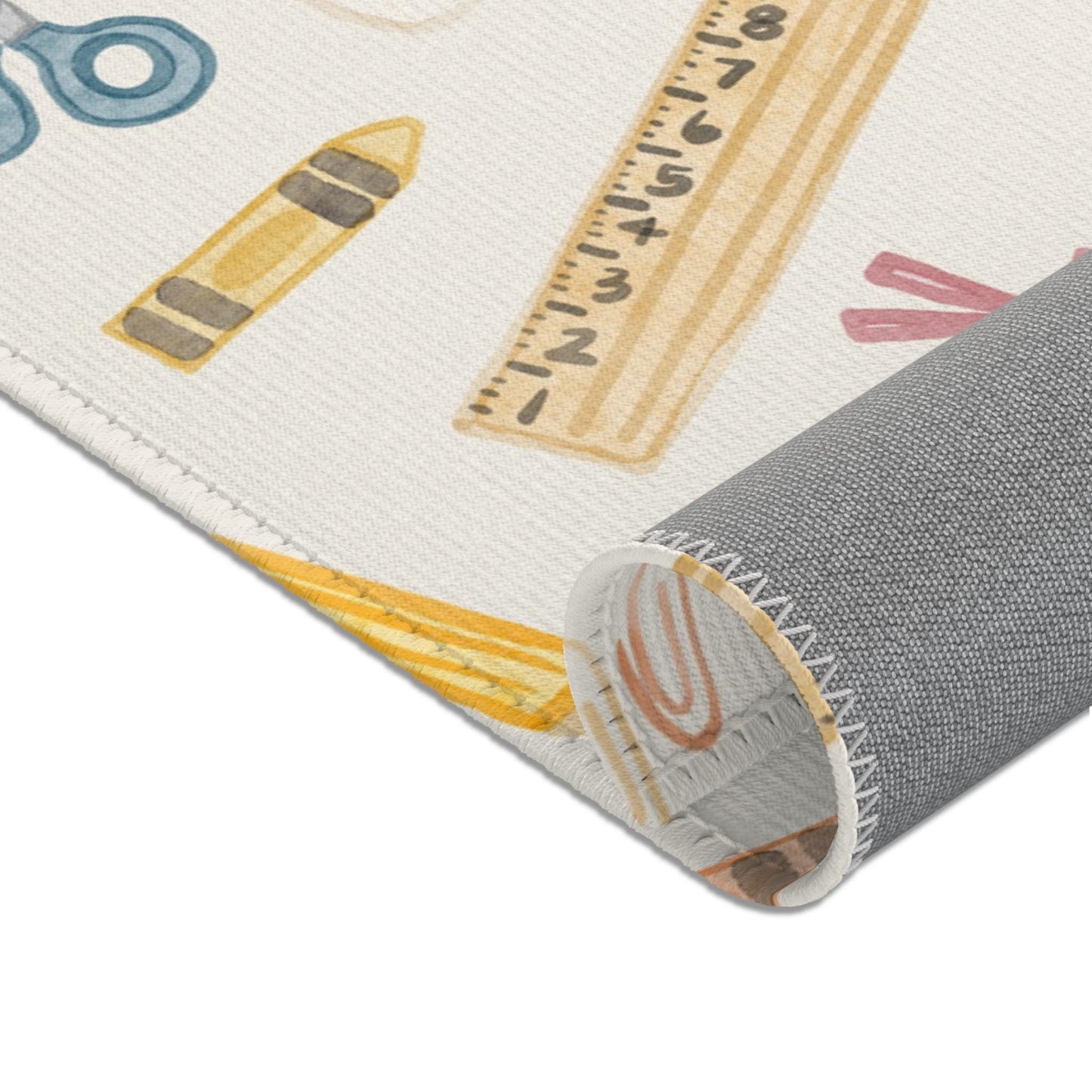 Vintage Neutral School Supplies Pattern Classroom Rug | Be Kind Pencil Scissors Reading Rug