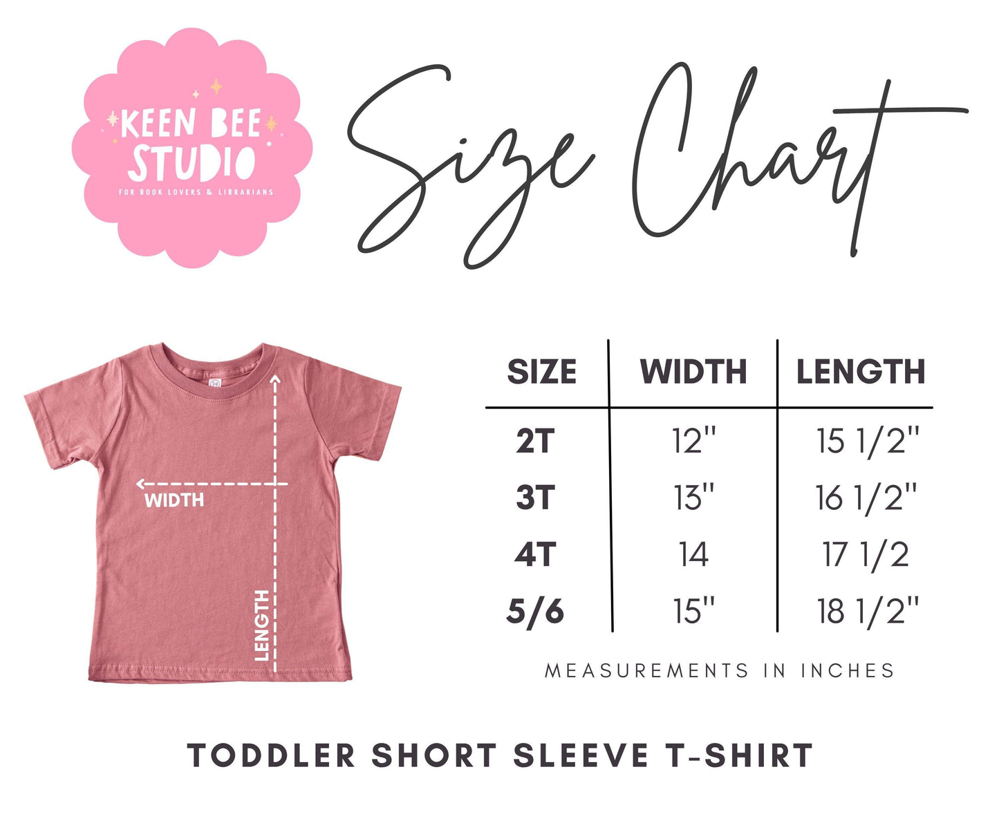 The image is a size chart for a toddler short sleeve t-shirt, providing measurements for different age groups.