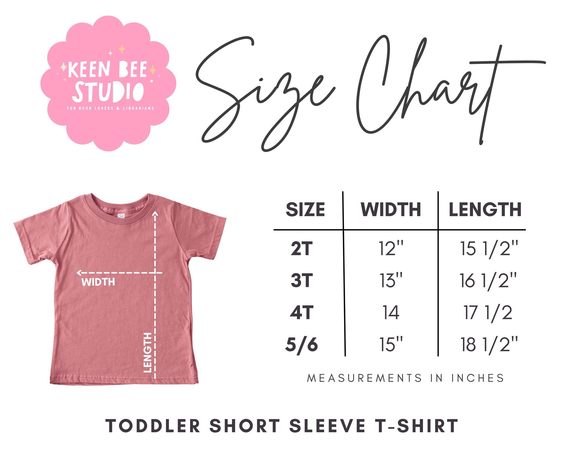 The image is a size chart for a toddler short sleeve t-shirt, providing measurements for different age groups.