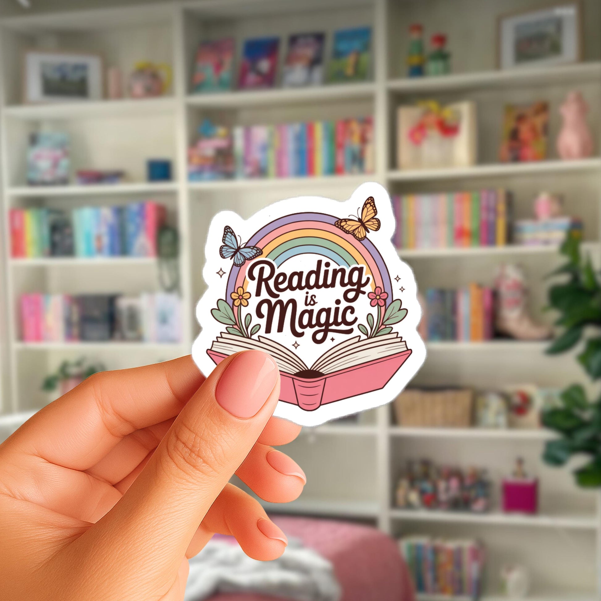 A hand holding a sticker with the text "Reading is Magic" and an illustration of an open book with butterflies.