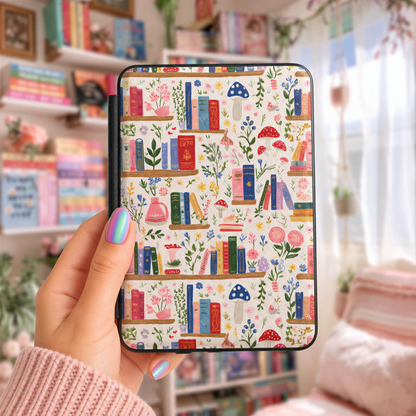 A hand holding a colorful book-themed case with a pattern of books, plants, and flowers.