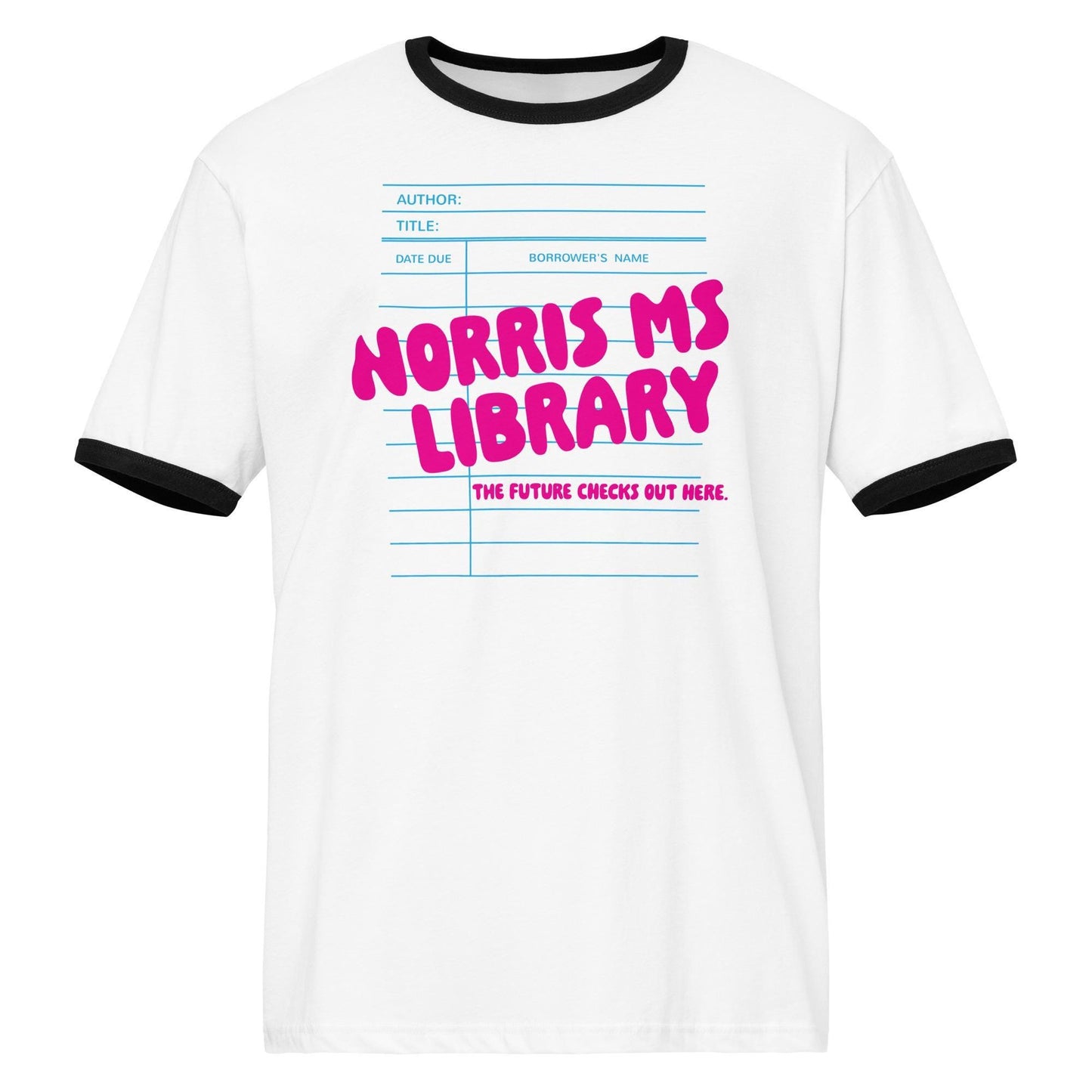 A white t-shirt with a graphic design featuring a library book with the text "NORRIS MS LIBRARY" printed on it.