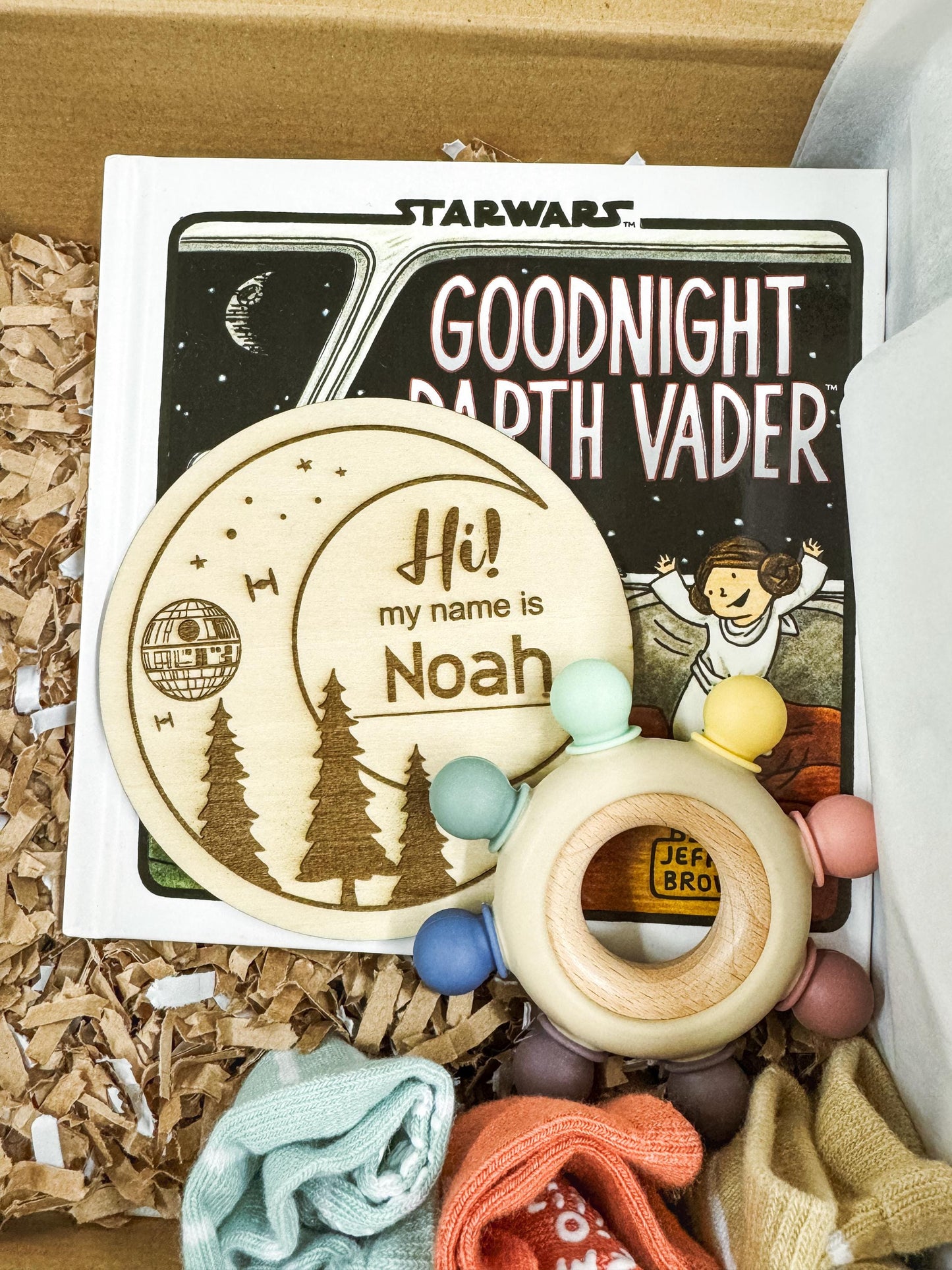 Custom Star Wars© Galactic Baby Shower Gift Box: Death Star & Endor Bodysuits, Socks, and Book Set | Perfect Baby Gift Basket Nerdy