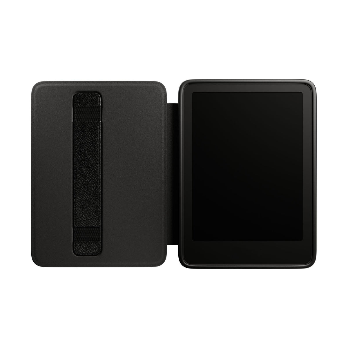 a black electronic device, possibly a tablet or e-reader, with a black cover or case attached to it.
