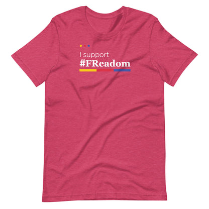 A red t-shirt with the text "I support #FREADOM" printed on it.
