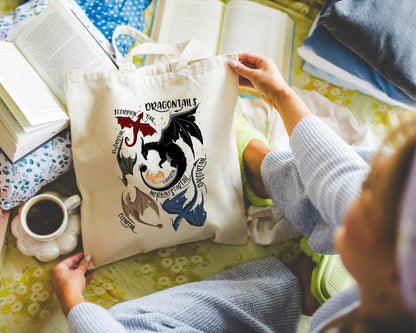 Dragontails Fourth Wing Canvas Tote Bag – Fantasy Book Lover Tote, Librarian Teacher Gift, Dragon Rider Reading Aesthetic