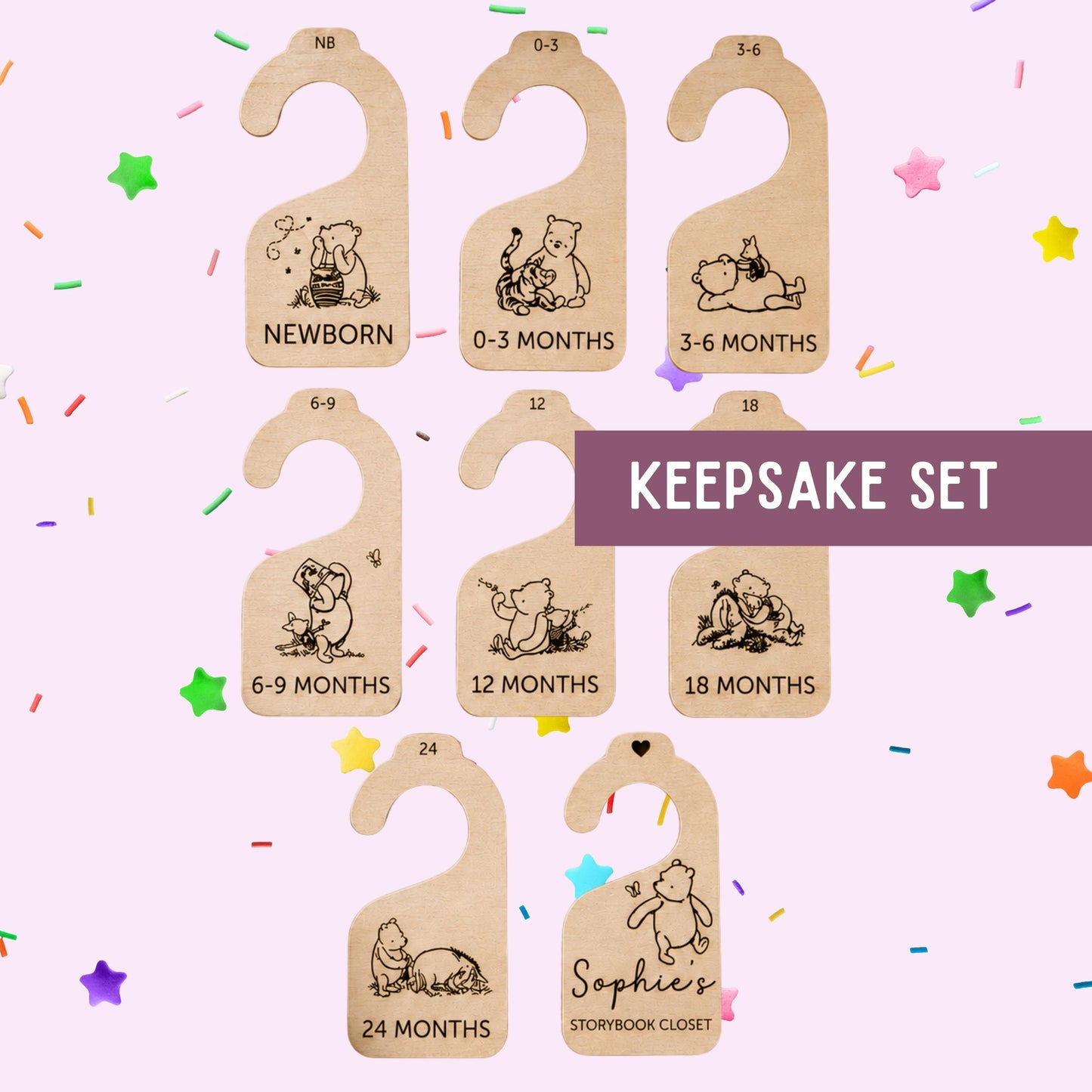 Personalized Winnie-the-Pooh Baby Closet Dividers, Wooden Nursery Organizer, Engraved Size Markers