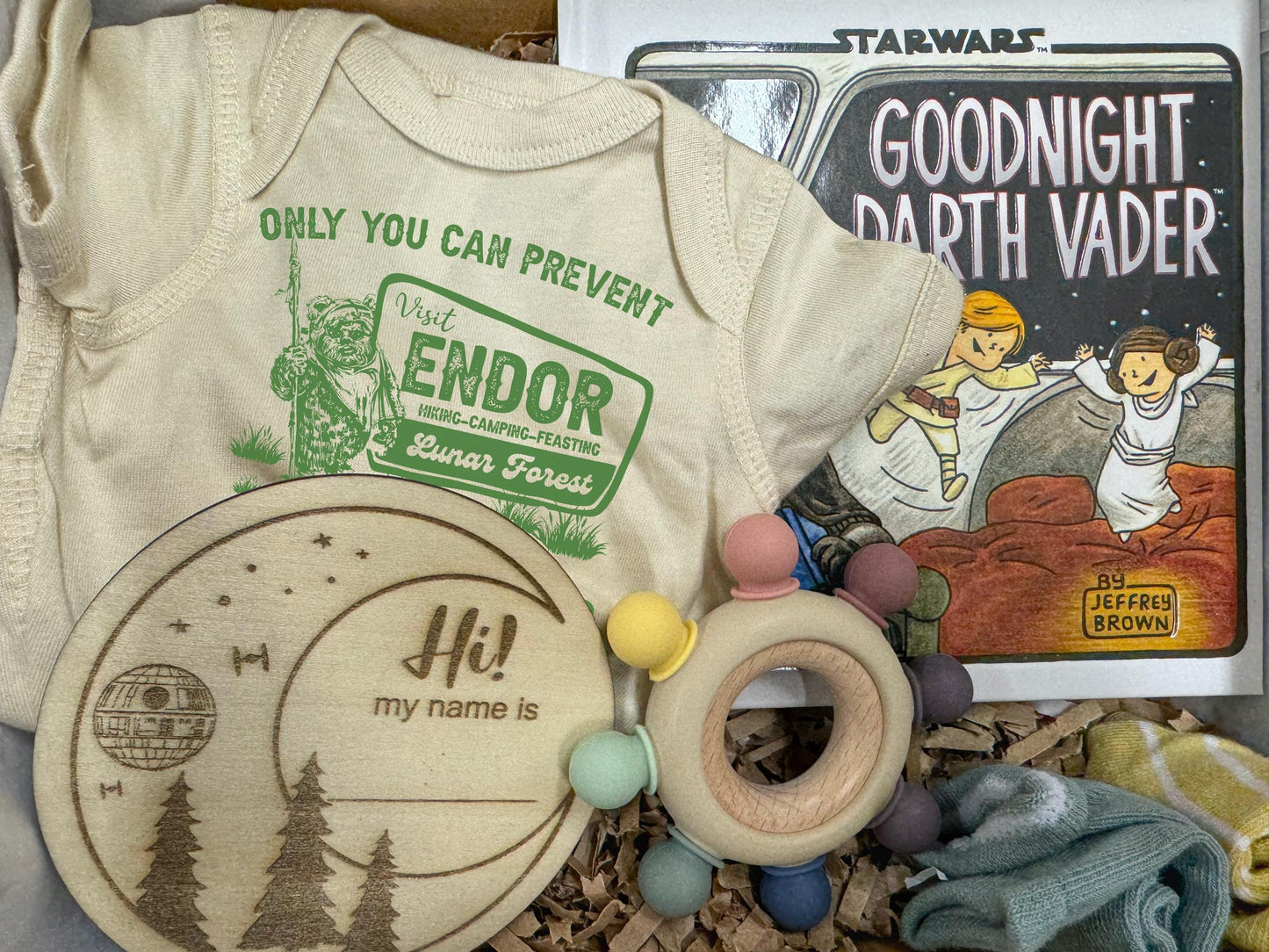 Star Wars© Nerdy Baby Shower Gift Box: Death Star & Endor Bodysuits, Socks, and Book Set | Baby Gift Basket