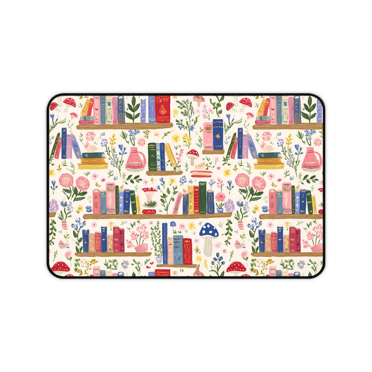 a repeating pattern of bookshelves filled with books, flowers, and mushrooms, creating a whimsical and colorful scene.