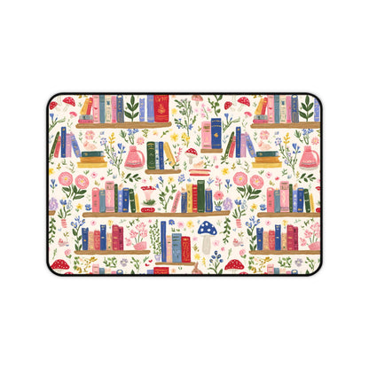 a repeating pattern of bookshelves filled with books, flowers, and mushrooms, creating a whimsical and colorful scene.