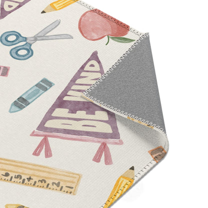 Vintage Neutral School Supplies Pattern Classroom Rug | Be Kind Pencil Scissors Reading Rug