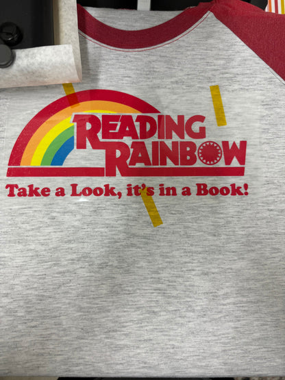 Vintage Reading Rainbow  Take a Look It's in a Book Raglan: Reading Tshirt Book Lover Librarian 3/4 Sleeve T-Shirt Reading with Rainbow