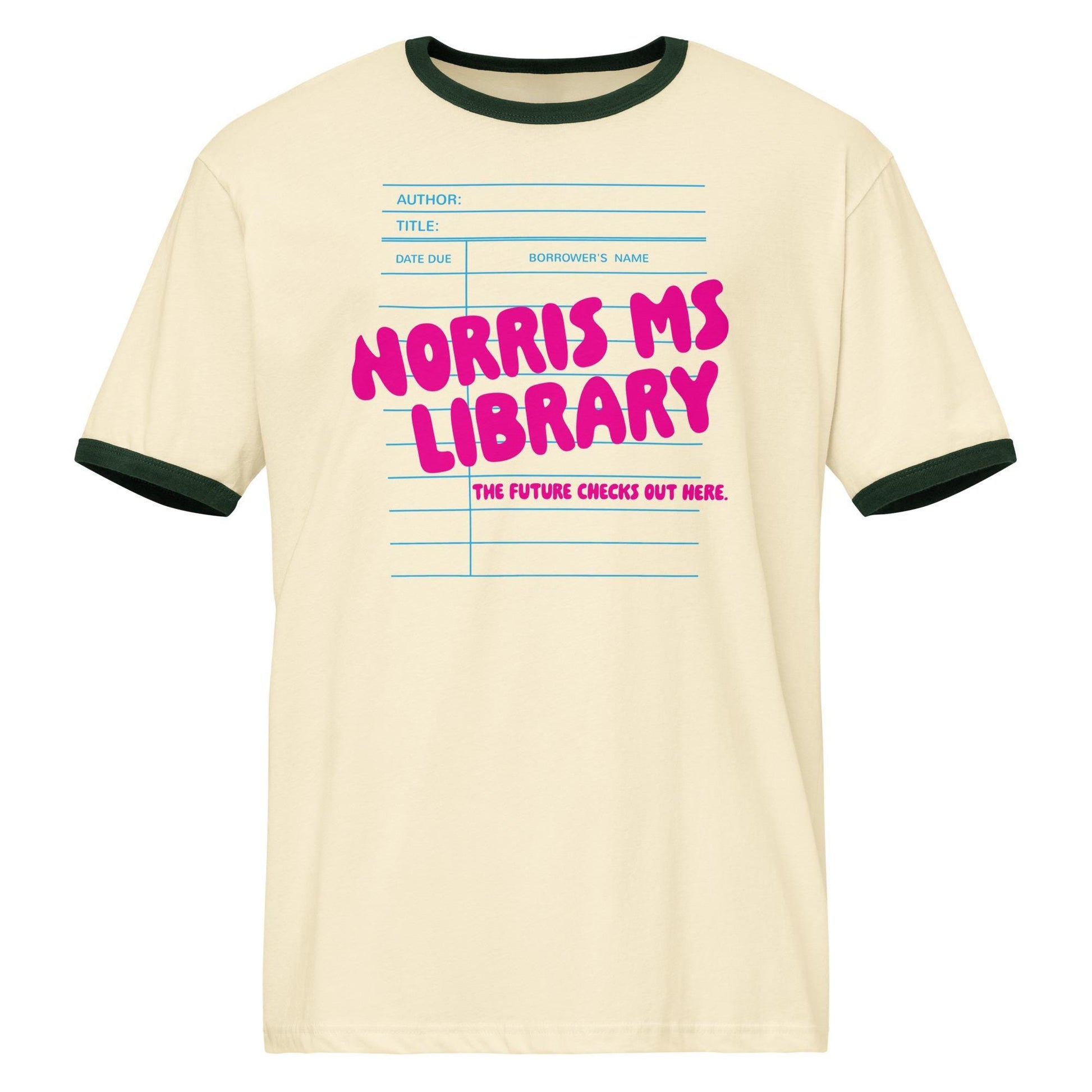 A beige t-shirt with a graphic design featuring a library book-like structure with the text "NORRIS MS LIBRARY" in pink and blue colors.
