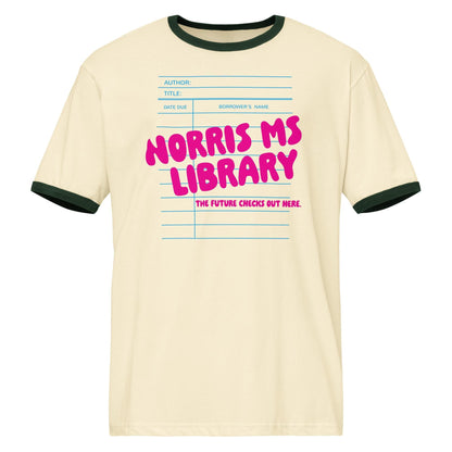 A beige t-shirt with a graphic design featuring a library book-like structure with the text "NORRIS MS LIBRARY" in pink and blue colors.