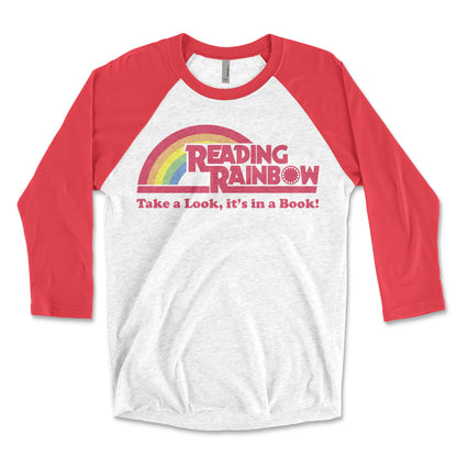 Vintage Reading Rainbow  Take a Look It's in a Book Raglan: Reading Tshirt Book Lover Librarian 3/4 Sleeve T-Shirt Reading with Rainbow