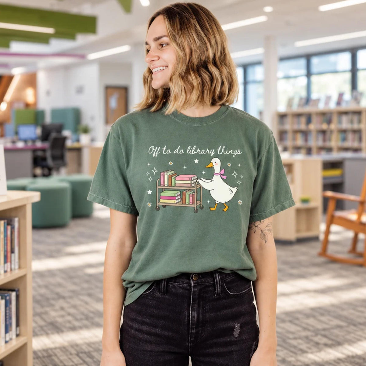 Librarian Shirt, Off to Do Library Things Tee, Cute Goose Book Cart Shirt