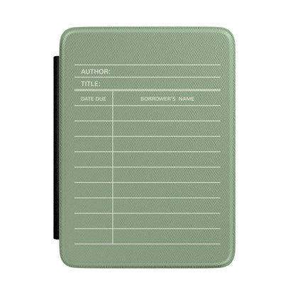 The image is a green tablet cover with a white grid-like pattern and text fields for author information and title.