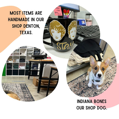 The image is a collage of three photos depicting items made in a shop in Denton, Texas, including a mug with a woman&#39;s face, a dog, and a desk with a computer.