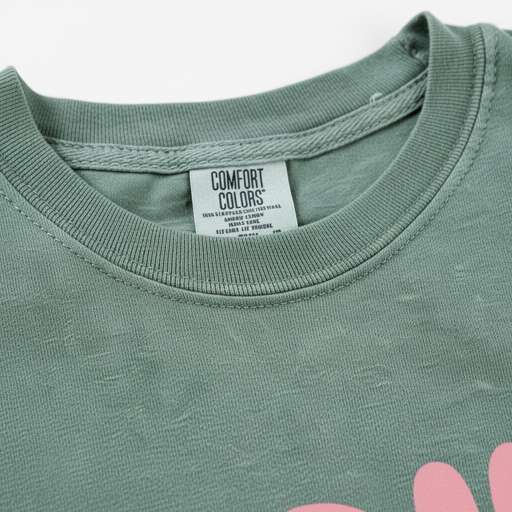 A green t-shirt with a label that reads "Comfort Colors" attached to the collar.