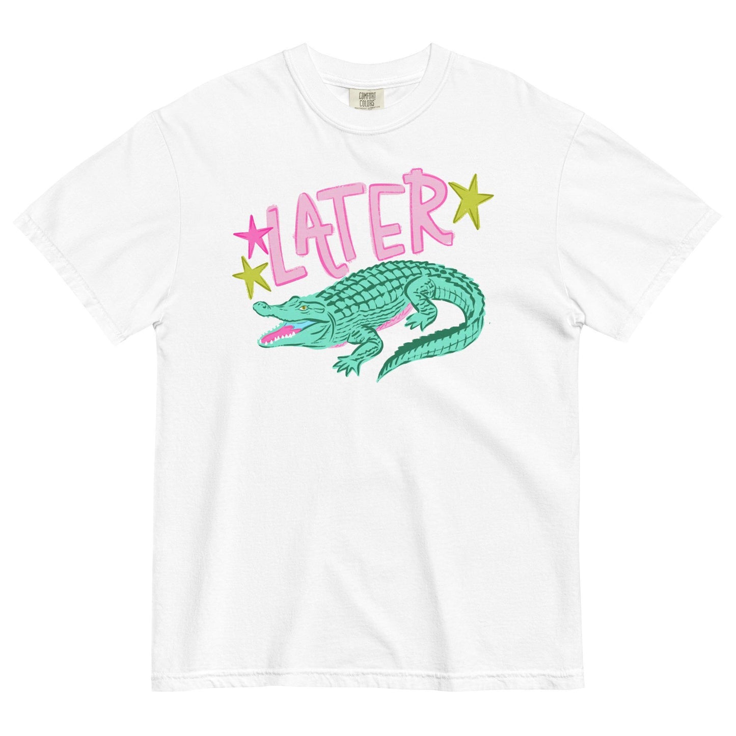 A white t-shirt with a graphic design featuring a green alligator and the word "later" written above it.