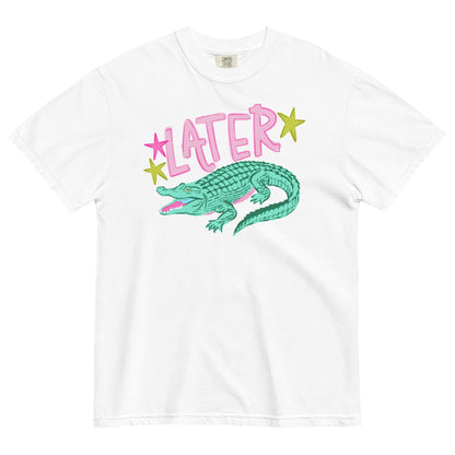 A white t-shirt with a graphic design featuring a green alligator and the word "later" written above it.