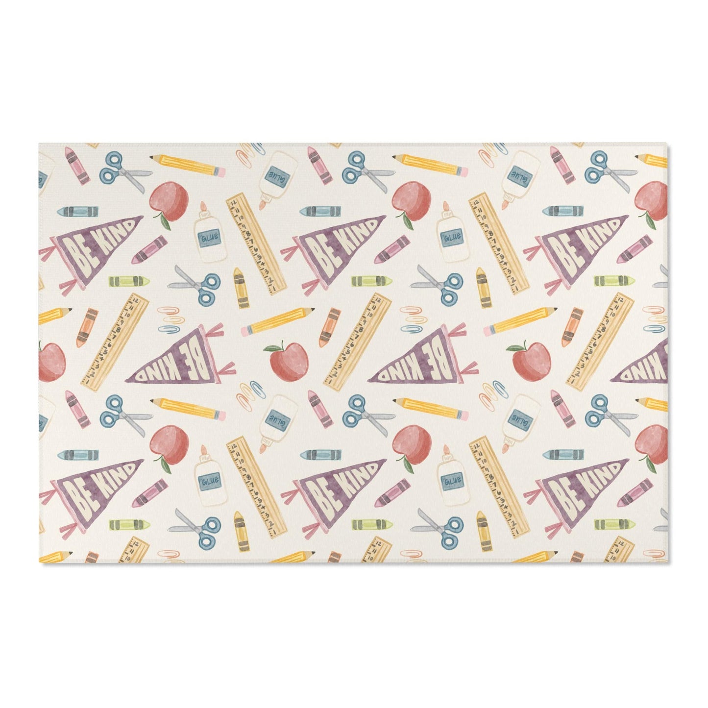 Vintage Neutral School Supplies Pattern Classroom Rug | Be Kind Pencil Scissors Reading Rug