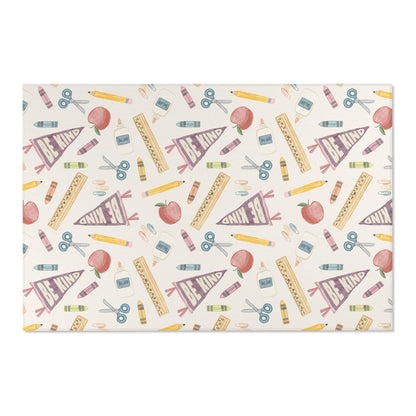 Vintage Neutral School Supplies Pattern Classroom Rug | Be Kind Pencil Scissors Reading Rug