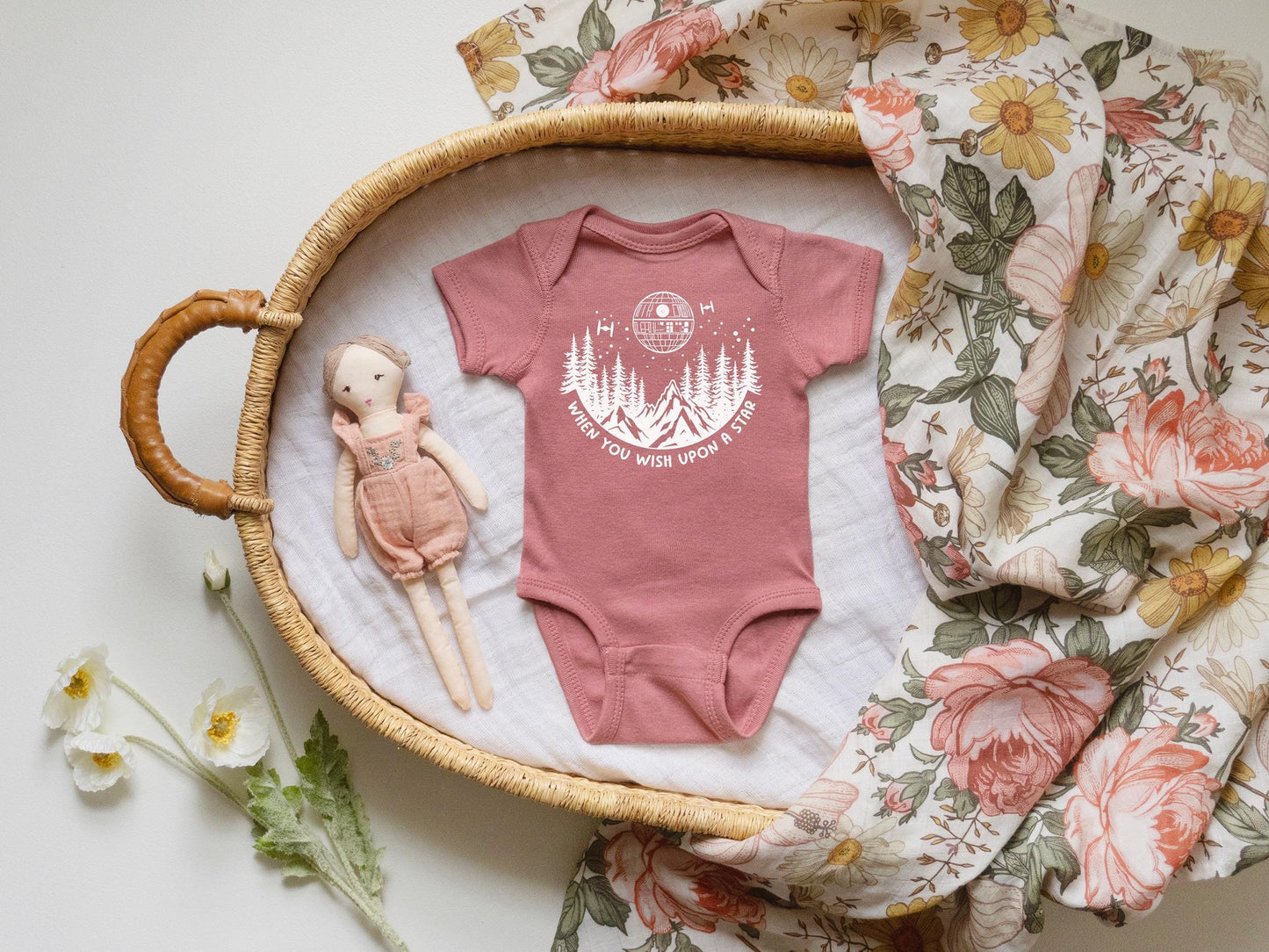 Custom Star Wars© Galactic Baby Shower Gift Box: Death Star & Endor Bodysuits, Socks, and Book Set | Perfect Baby Gift Basket Nerdy