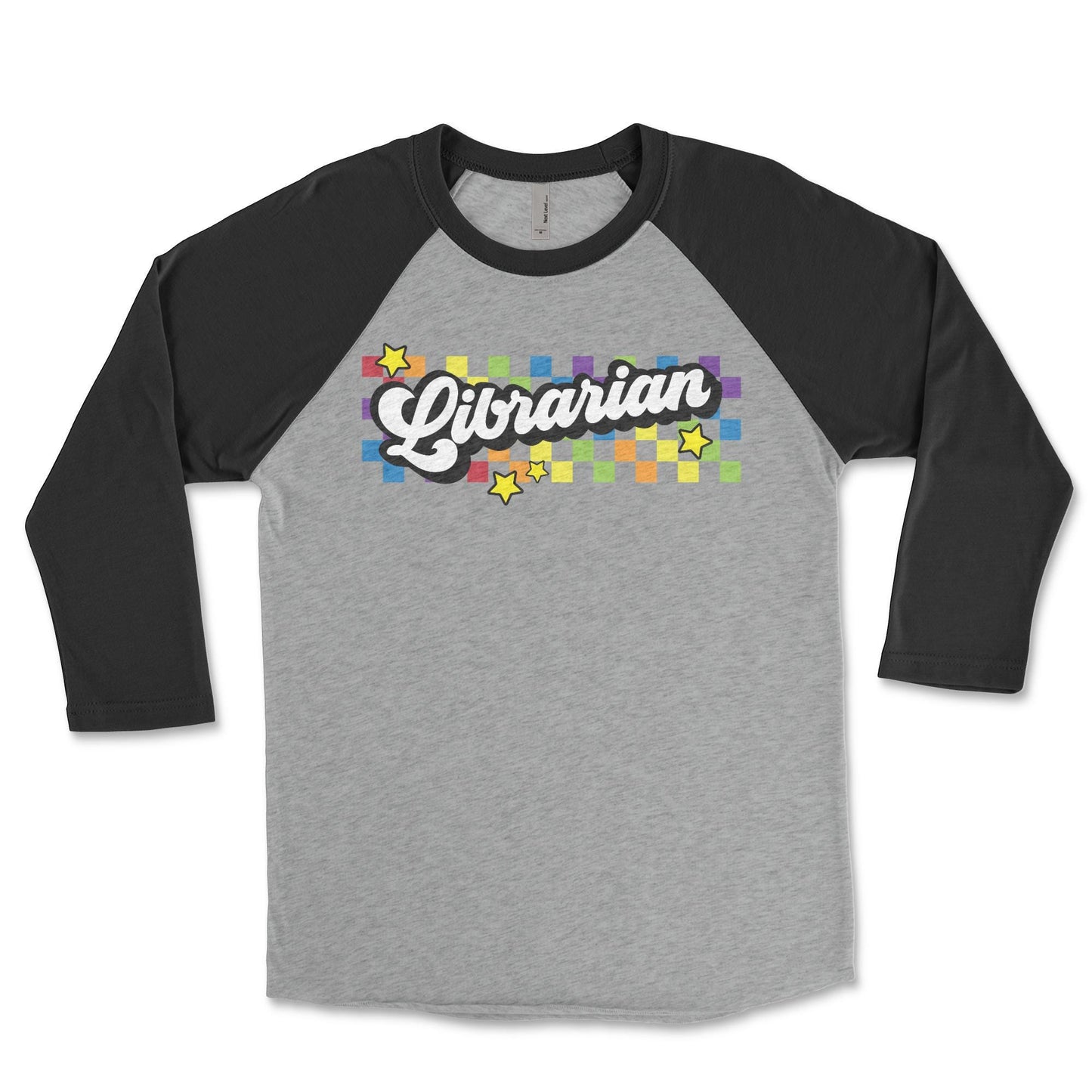 A gray and black long-sleeved shirt with a colorful graphic design on the front, featuring the word "Librarian" and stars.
