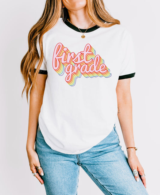 Retro Rainbow Teacher T-Shirt: Vintage First Grade Style