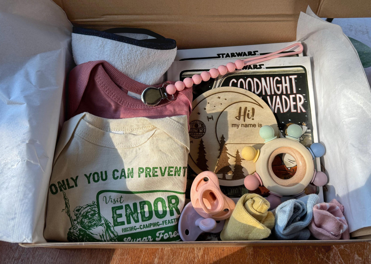 Star Wars© Nerdy Baby Shower Gift Box: Death Star & Endor Bodysuits, Socks, and Book Set | Baby Gift Basket