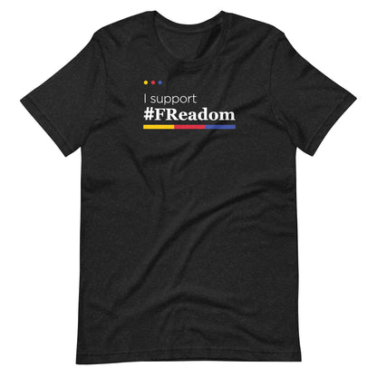 A black t-shirt with the text "#support #FREADOM" printed on it.