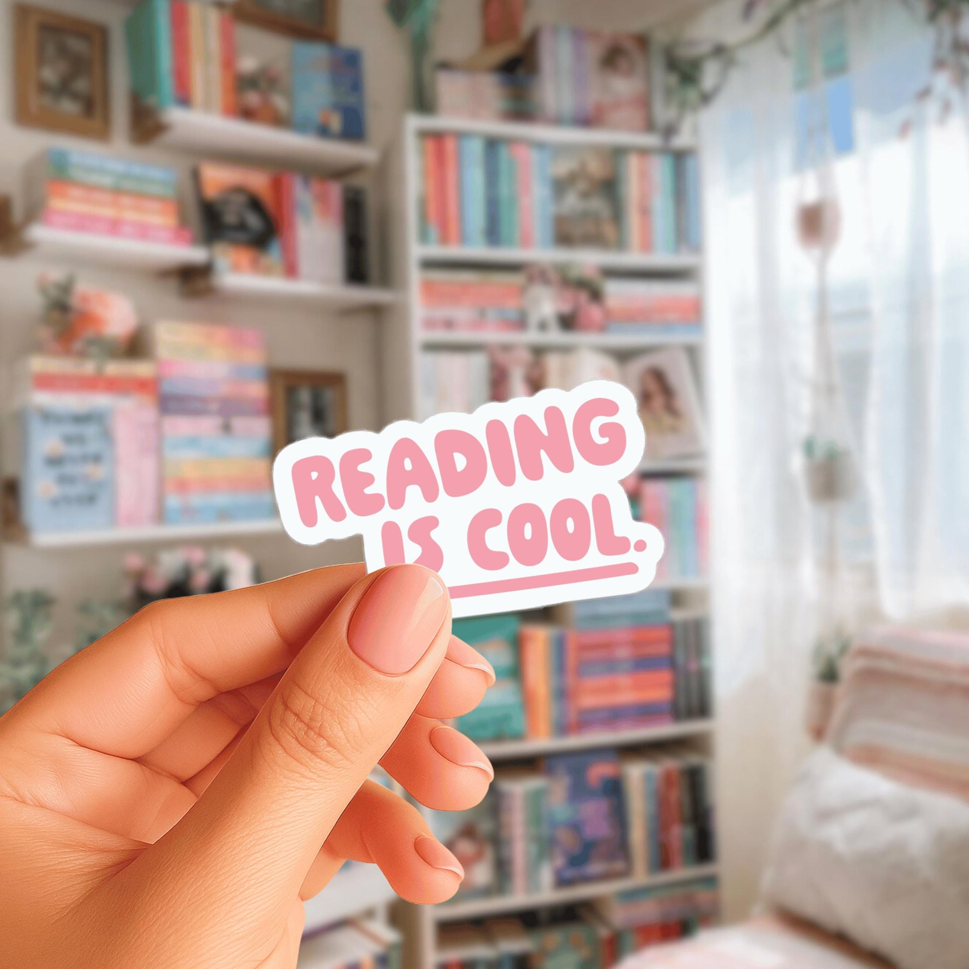 A hand holding a sticker with the text "Reading is cool." in front of a bookshelf filled with books.
