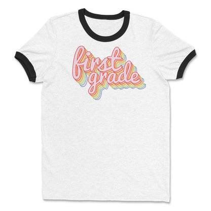 Retro Rainbow Teacher T-Shirt: Vintage First Grade Style