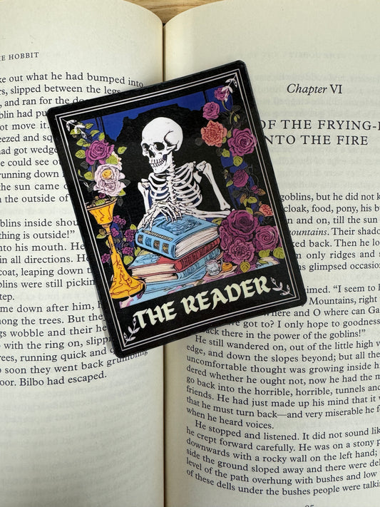 The Reader Tarot Card Skeleton Reading - Librarian Sticker