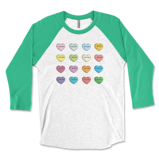 Valentine's Day Custom Candy Hearts 3/4 Sleeve Raglan T-shirt