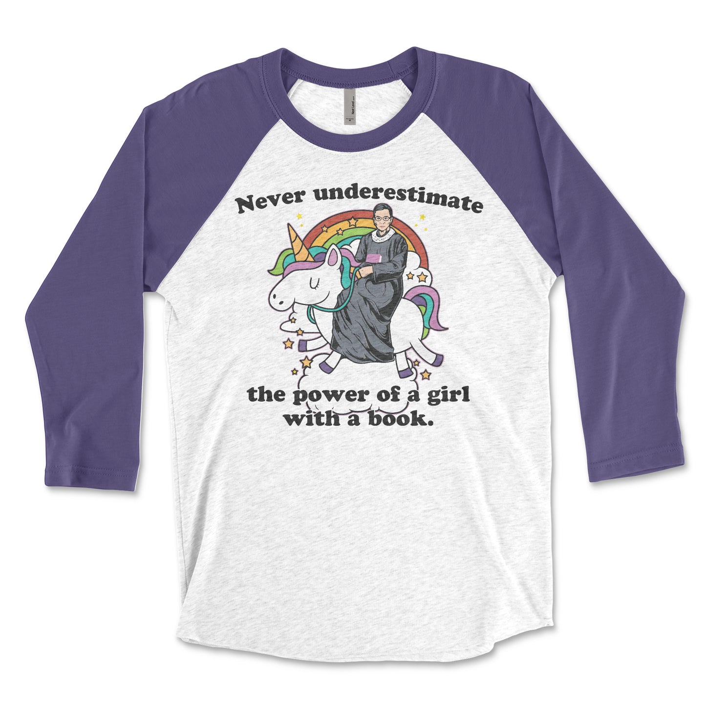 Never Underestimate the Power of a Girl with a Book RGB Unicorn 3/4 Sleeve Raglan T-shirt