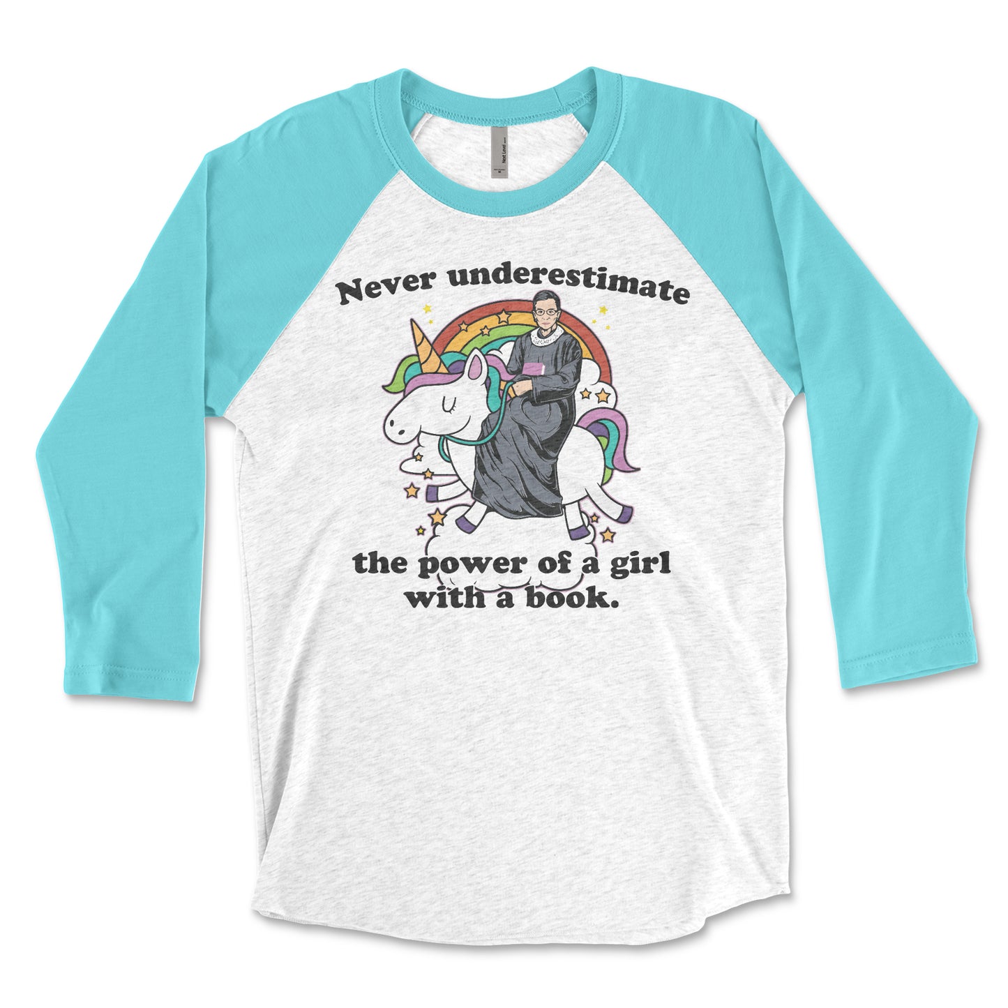 Never Underestimate the Power of a Girl with a Book RGB Unicorn 3/4 Sleeve Raglan T-shirt