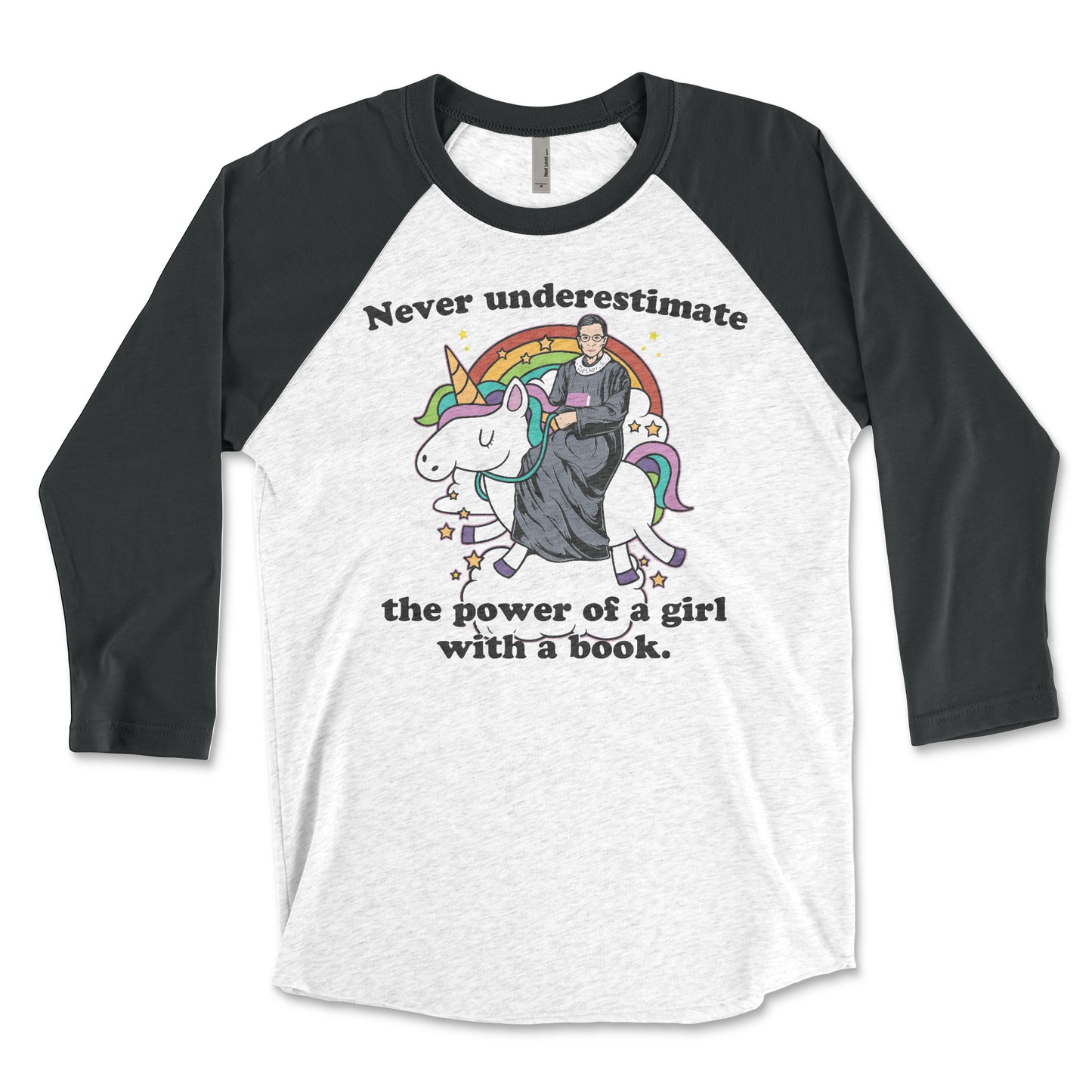 Never Underestimate the Power of a Girl with a Book RGB Unicorn 3/4 Sleeve Raglan T-shirt