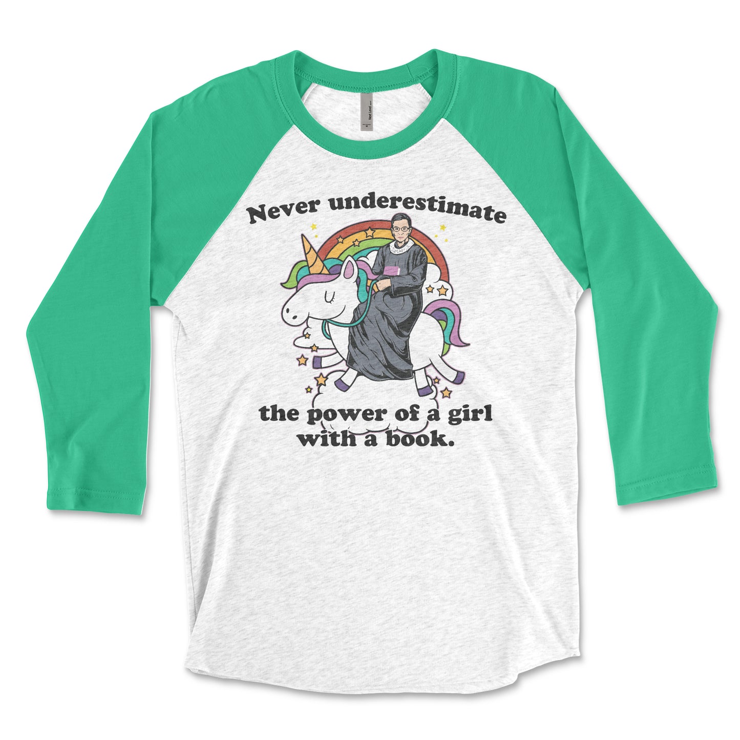 Never Underestimate the Power of a Girl with a Book RGB Unicorn 3/4 Sleeve Raglan T-shirt