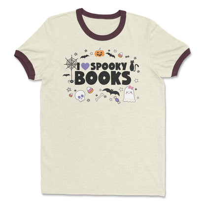 I Heart Spooky Books Halloween Librarian Cotton Ringer T-shirt
