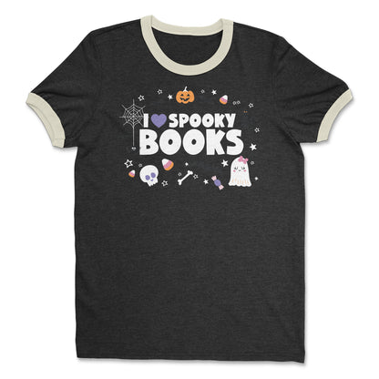 I Heart Spooky Books Halloween Librarian Cotton Ringer T-shirt
