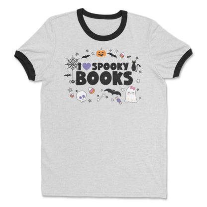 I Heart Spooky Books Halloween Librarian Cotton Ringer T-shirt