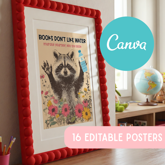 Editable Pop Art Animal Book Care Posters | Library Rules Canva Template