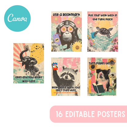 Editable Pop Art Animal Book Care Posters | Library Rules Canva Template