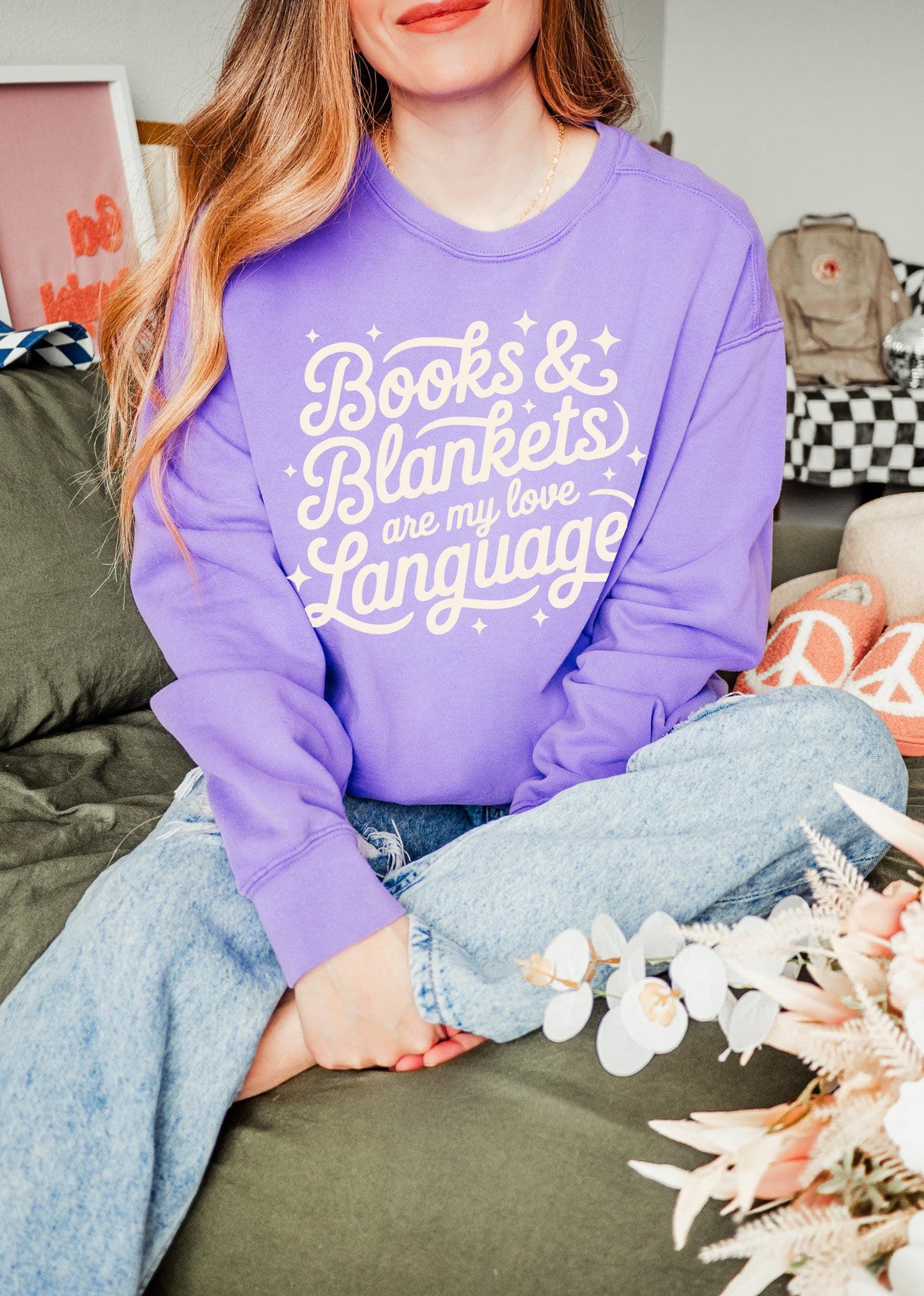 Book Lover Unisex Garment-Dyed Sweatshirt | Books & Blankets Love Language Gift for Reader