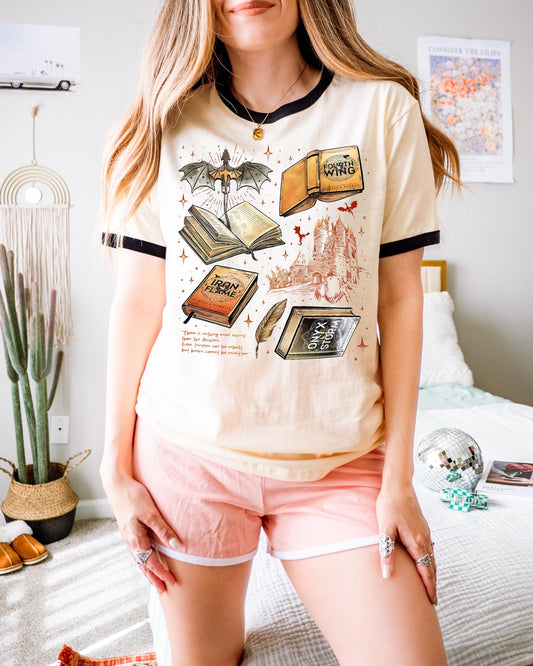 Fourth Wing Ringer T-Shirt | Fourth Wing Merch Fantasy Book Lover Tee | Fly or Die Books Gift for Readers